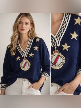 St John Santana Knit Sweater Small Navy Gold Nautical Stars Crest USA Preppy